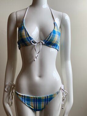 Aaron Chang blue wave reversible to plaid bikini
